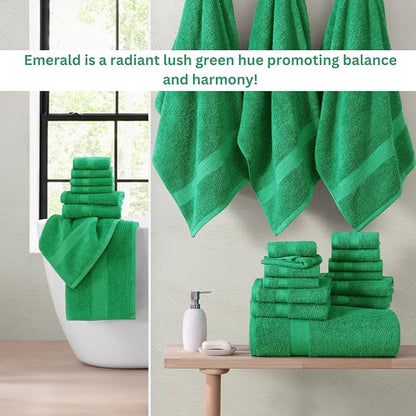LANE LINEN Bath Towel Set - 24 PCs - Durable, Absorbent, Soft & Quick Dry - 100% Ring Spun Cotton Towels Set - 4 Bath, 4 Fingertip, 6 Hand Towel, 8 Washcloth, 2 Bath Sheet Set - Emerald