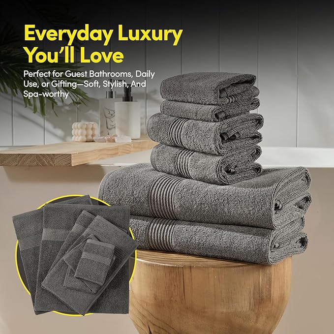 Bath Towels 8 Piece Towel Set – 100% Combed Cotton – Bath + Hand + Washcloths – Oeko-TEX Certified Soft & Absorbent Towels with Durable Double-Stitched Edges for Bathroom or Guest Spa, Gray