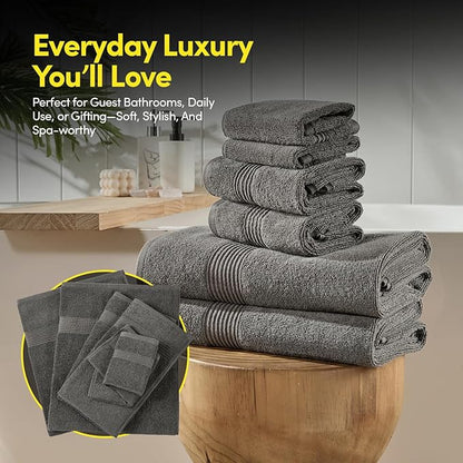 Bath Towels 8 Piece Towel Set – 100% Combed Cotton – Bath + Hand + Washcloths – Oeko-TEX Certified Soft & Absorbent Towels with Durable Double-Stitched Edges for Bathroom or Guest Spa, Gray