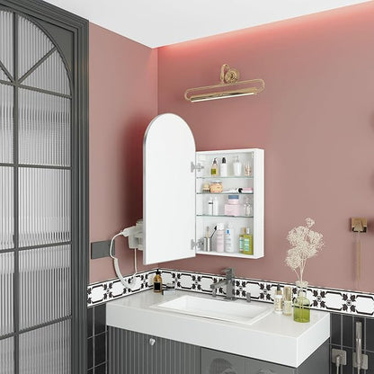 FKWin Arched Sliver Bathroom Medicine Cabinet with Mirror, Left or Right Opening, Bathroom Vanity Mirrors with Storage, Surface Mount Medicine Cabinet not Recessed, Silver, 16x32 inch