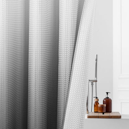 MitoVilla No Hooks Needed Black Ombre Waffle Shower Curtain Liner Set, Modern Waffle Weave Heavy Duty Fabric Cloth Shower Curtain with Snap-in Liner for Luxury Neutral Hotel Spa Bathroom Decor