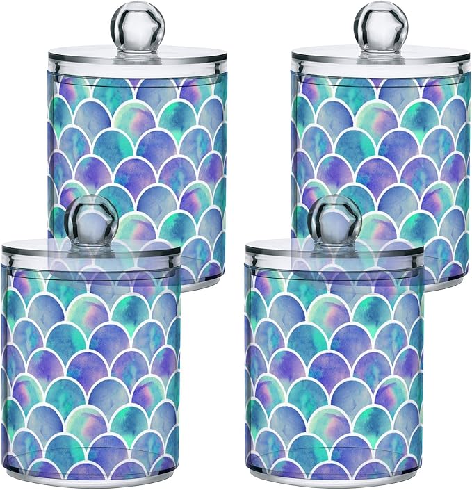MNSRUU 2 Pack Qtip Holder Organizer Dispenser Watercolor Rainbow Scales Of Mermaid Bathroom Storage Canister Cotton Ball Holder Bathroom Containers for Cotton Swabs/Pads/Floss