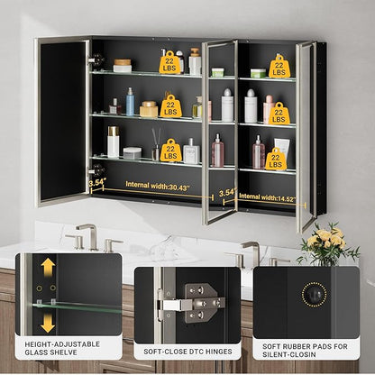 Pre-Assembled Surface or Recessed Medicine Cabinet Mirror-48x30 Brushed Nickel Bathroom Medicine Cabinet with Mirror & Rustproof Aluminum Frame, Beveled Bathroom Vanity Mirror with Storage