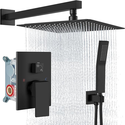 Aolemi Shower Faucet Set Rain Shower System with Handheld Spray Bathroom Shower Combo Rough-in Valve and Shower Trim Kit Included Matte Black 16 Inch Wall Mount Shower Head