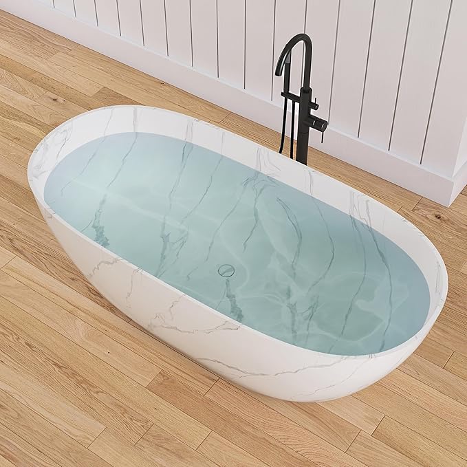 63 '' Stone Resin Freestanding Bathtub, Elegant Oval Shape Soaking Tub, Solid Surface Stand Alone Bathtub with Drain & Without overflow outlet Terrazzo Beige