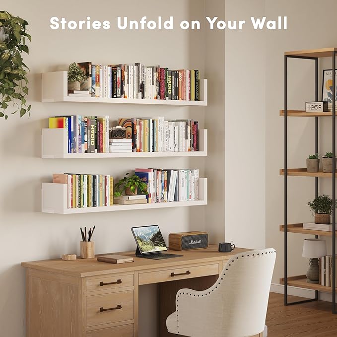 Wall Bookshelf, Set of 3, 36 Inches U Shaped Wall Shelves, Long Deep Floating Shelves, Large Floating Book Shelves - Wood Hanging Bookshelves for Kitchen, Bedroom