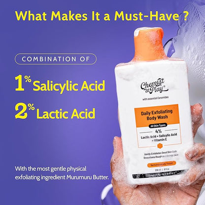 Chemist at Play Body Wash Exfoliating For Dry Rough Bumpy Strawberry Skin With 1% Salicylic Acid 2% Lactic Acid And Ceramides For Men And Women 7.9 Fl oz