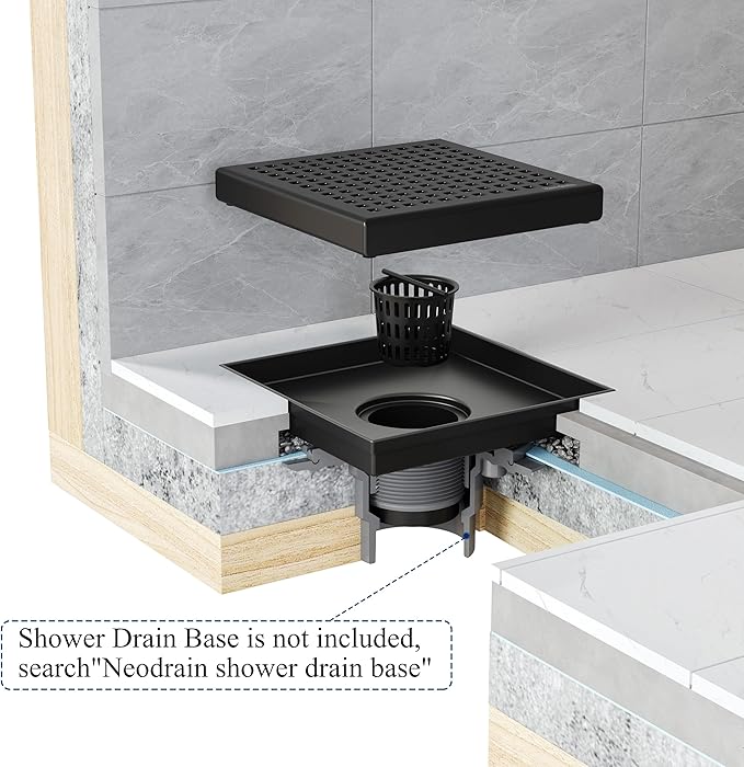 Neodrain 6 Inch Square Shower Drain with Removable Quadrato Pattern Grate, Matte Black 304 Stainless Steel Square Drain, with Watermark&CUPC Certified, Hair Strainer