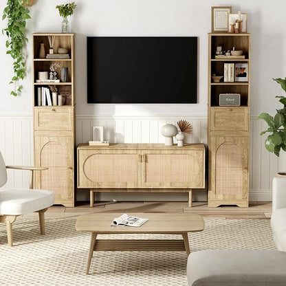 67" H Natural Bathroom Storage Cabinet with Rattan Doors and Slide Storage, Tall Narrow Freestanding Tower Cabinets with Adjustable Shelves for Kitchen, Living Room, Dining Room