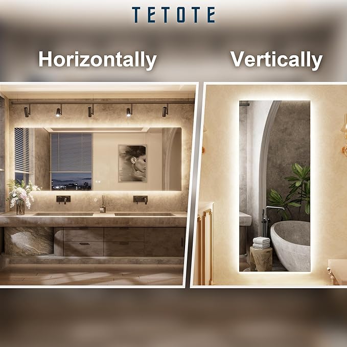 TETOTE 48 x 36 Inch LED Backlit Bathroom Mirror with Lights, 3Color White/Warm/Natural, Anti-Fog Lighted Mirror,Dimmable,Vanity Mirror,Wall Mounted
