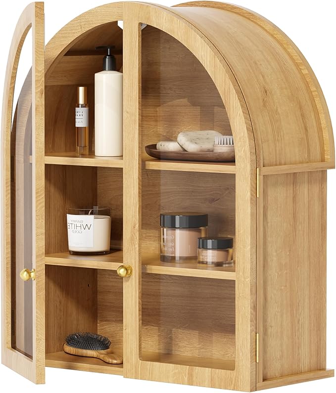 Small Arched Bathroom Wall Cabinet Modern Wooden Medicine Cabinet with Acrylic Doors Farmhouse Wall Mounted Cupboard Storage Organizer for Laundry Room, Dining Room, Natural Oak