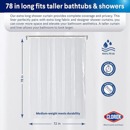 CLOROX Shower Curtain Liner, Premium Medium-Weight Durable Waterproof 6g PEVA for Bathroom with Weighted Magnets, Extra Long 72" x 78", Clear 1 Pack