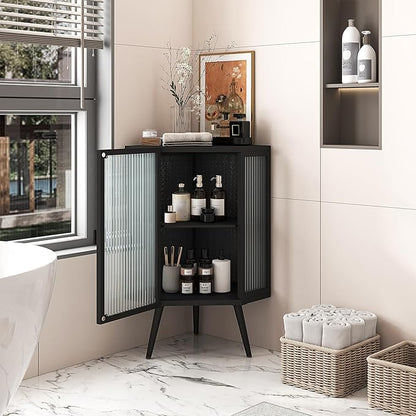 Corner Storage Cabinet with Glass Door, 31" & 43" Freestanding Triangle Floor Cabinet Modern Display Organizer Medicine Cabinets for Bathroom Living Room Bedroom (Black, 31')