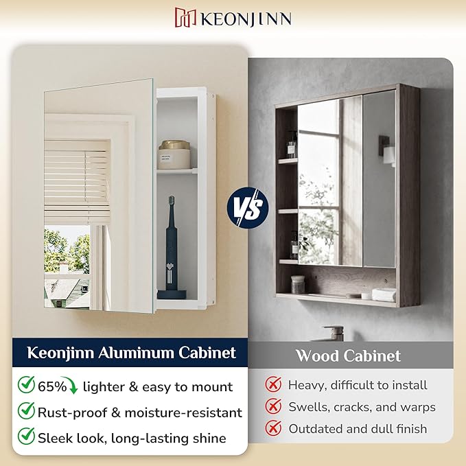 Keonjinn Small-Sized White Medicine Cabinet 14.5 x 18.5 Inch, One Shelf Only, Assembly Required, Mini Medicine Cabinet Mirror for Compact Bathroom, Free Adjustable Shelves, Wall Mount or Recessed