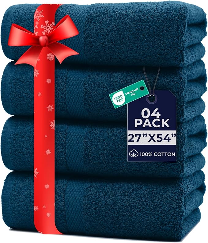 DAN RIVER Bath Towels Set of 4, 27 x 54 Inches, 100% Cotton, Larger & Lighter Weight, Quicker to Dry, Super Soft and Absorbent, Ideal Opal Blue Bath Towel for Daily Use