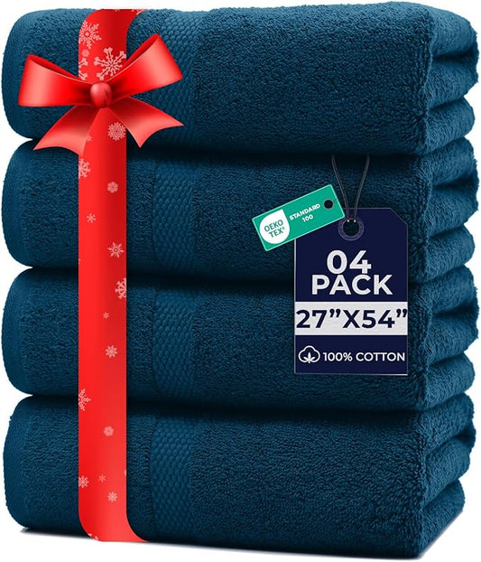 DAN RIVER Bath Towels Set of 4, 27 x 54 Inches, 100% Cotton, Larger & Lighter Weight, Quicker to Dry, Super Soft and Absorbent, Ideal Opal Blue Bath Towel for Daily Use
