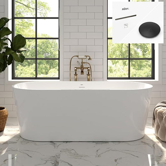 FerdY Shangri-La 67" Acrylic Freestanding Bathtub, Classic Oval Shape Acrylic Soaking Bathtub with Matte Black Drain & Minimalist Linear Design Overflow, Modern White, cUPC Certified