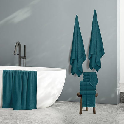 Belizzi Home 100% Cotton Towel Set, Contains 6 Soft Bath Towel, 6 Hand Towels, 12 Wash Cloths - Compact Absorbent Lightweight & Quickdry Towels for Bathroom - 24 Piece Bathroom Towel Set - Teal