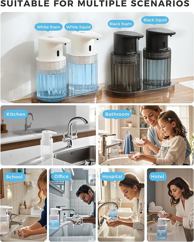 Automatic Foaming Soap Dispenser Touchless, 10oz/300ml Rechargeable, 3 Adjustable Foam Levels, IPX7 Waterproof, for Kitchen Bathroom, White