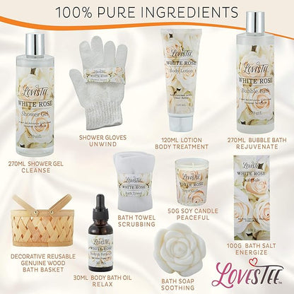 Christmas Gifts Bath & Body Spa Gift Basket for Women, Best Gift for Mother's Day & Birthday, White Rose Set Body Lotion, Shower Gel, Bubble Bath, Bath Salt, Towel, Soap, Oil, Candle, Gloves,