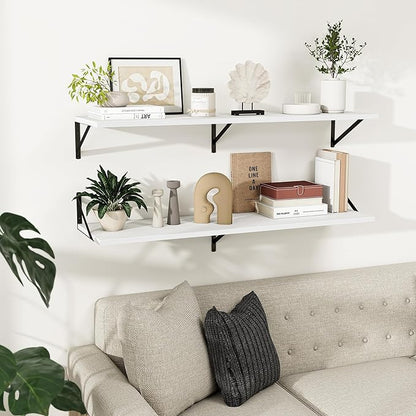 Dreamland Floating Shelves for Wall, 12 Inch Deep Floating Shelves Set of 2, 48W x 12D Large Wall Shelf with Sturdy Metal Brackets for Living Room, Bathroom, Bedroom and Kitchen, White