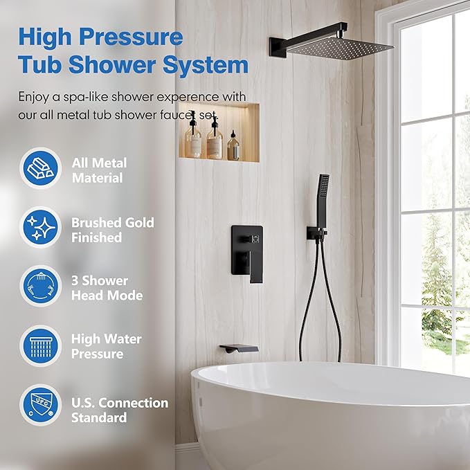 Shower System with Tub Spout, All Metal Tub Shower Faucet Set with 12'' Rain shower heads and handheld spray combo,Wall Mounted Tub Shower Systems with Valve and Trim Kit, Matte Black