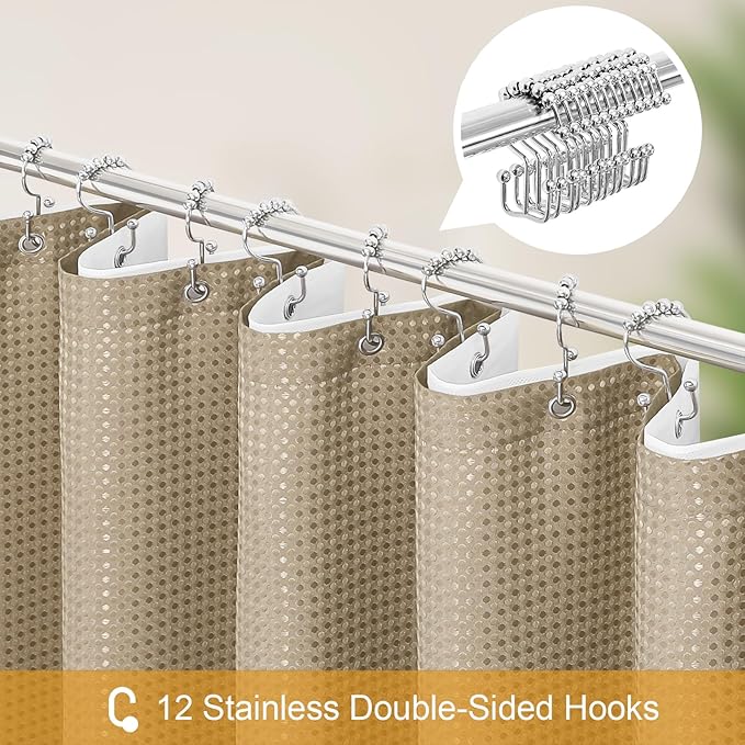 3 in 1 Shower Curtain Set, Beige Waffle Shower Curtain and PEVA Liner Set with 12 Stainless Steel Shower Curtain Hooks, Tan Waterproof Fabric Shower Curtains for Bathroom, 72 W x 72 H