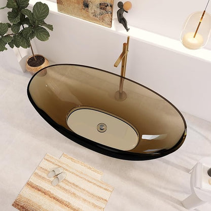 71" Premium Solid Surface Freestanding Bathtub, Upgraded Transparent Dark Brown Oval Resin Soaking Tubs with Pop-up Drain
