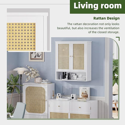 Bathroom Wall Cabinet, Bamboo Over-The-Toilet Storage Organizer with 2 Rattan Doors and Adjustable Shelf, Space Saver Medicine Cabinet for Laundry, Kitchen, Living Room (White)