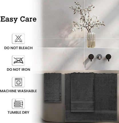Casa Lino 100% Cotton Bath Towels Set of 4 (1 Bath Towel, 1 Hand Towel & 2 Wash Cloths) - Bathroom Towels and Washcloths Set - Complete Bathroom Set - Guest Room Essentials - (Charcoal Black)