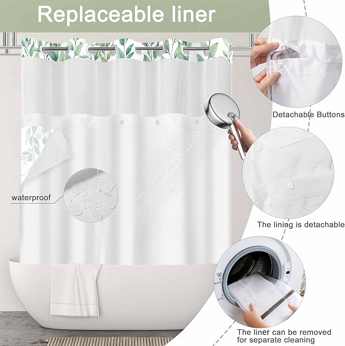 No Hook Shower Curtain and Liner Set, Light Green Eucalyptus Floral Shower Curtains for Bathroom, Bath Curtain Sets with Snap in Liner, Waterproof with See Through Top Window, 71x84 Inches