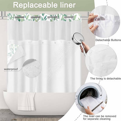 No Hook Shower Curtain and Liner Set, Light Green Eucalyptus Floral Shower Curtains for Bathroom, Bath Curtain Sets with Snap in Liner, Waterproof with See Through Top Window, 71x84 Inches