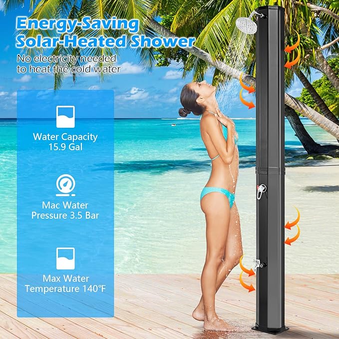 Goplus 15.9 Gallon Solar Heated Outdoor Shower, 7.5 FT Freestanding Outdoor Shower with Shower Head and Foot Shower Tap for Outdoor Backyard Poolside Beach Pool Garden, Black
