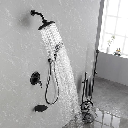 SHAMANDA Luxury Tub Shower Faucet Set with Round-in Valve, Wall Mounted Shower System with Waterfall Tub Spout and 6-Setting Rain Shower Head with 9-Setting Handheld, Matte Black, L8083-7