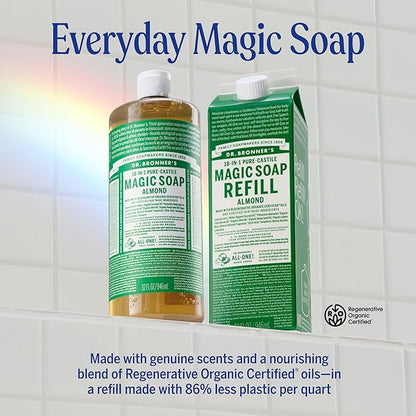 Dr. Bronner's Pure-Castile Magic Soap Liquid- Made with Regenerative Organic Certified Oils- For Body, Face, Hair, Dishes, Laundry, Vegan Bath Soaps for Men & Women, Non-GMO- Almond, 32oz + Refill