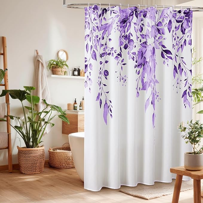 Colorful Star Purple Eucalyptus Waterproof Shower Curtain Set with Hooks, Minimalist Watercolor Floral Print Bathroom Décor, Plant Leaves Washable Fabric Shower Curtain, 72 x 72 Inch