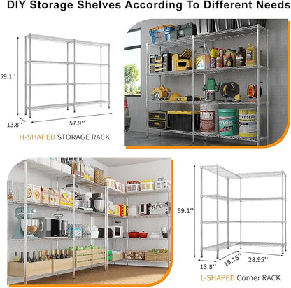 4 Tier Storage Racks Shelving, Heavy Steel Pantry Shelves, Adjustable Wire Shelving Rack, Suitable for Garage, Kitchens, Offices, 57.9" W x 13.8" D x 59" H, Chrome