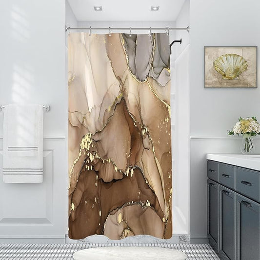 Small Stall Marble Shower Curtain 36 x 72 Inch, Half Narrow Abstract Modern Shower Curtains for Bathroom, Luxury Art Ink Texture Fabric Shower Curtain Set with Hooks, Brown