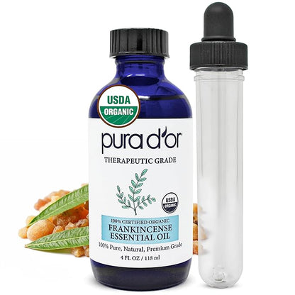 PURA D'OR ORGANIC Frankincense Essential Oil (4oz with Glass Dropper) 100% Pure & Natural Therapeutic Grade For Hair, Body, Skin, Aromatherapy Diffuser, Relaxation, Meditation, Mood, Massage, DIY Home