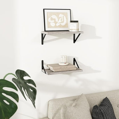 Dreamland Deep Floating Shelves for Wall, 16W x 8D Wall Mounted Wide Shelves Set of 2, Grey Floating Shelves Bedroom with Sturdy Metal Brackets for Living Room, Bathroom and Kitchen