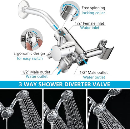 PDPBath Solid Brass Shower Arm 3 Way Shower Diverter Valve for Hand Held Showerhead and Fixed Spray Head, G1/2 Universal Connection - Chrome