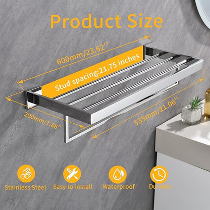 24 Inch Towel Racks for Bathroom - Wall Mounted Bright Polished Finish, Stainless Steel Single Towel Bar with Shelf, Hotel-Style Bathroom Towel Storage Organizer for Home Lavatory