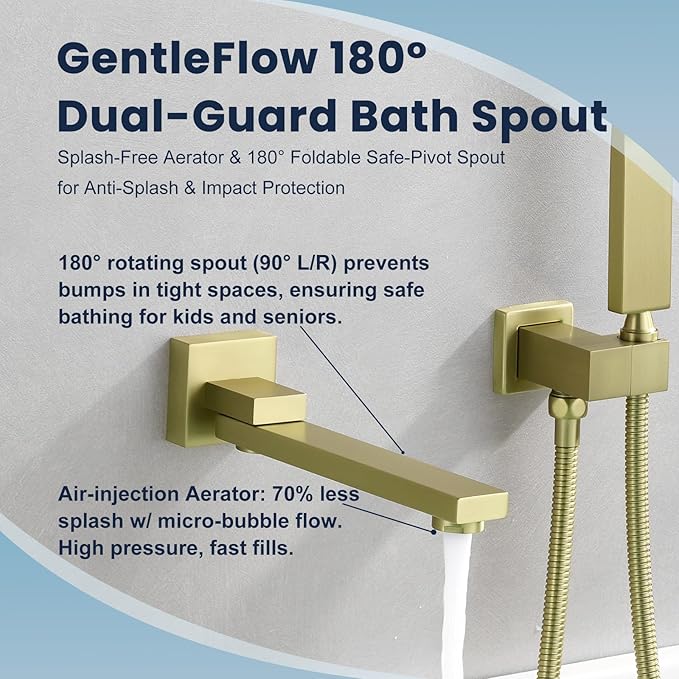 Wall Mount Bathtub Faucet Set Included 180°Swivel bathroom Tub Filler faucets and handheld Shower，high Flow Tub Spout with Solid Brass Push-button Diverter Pressure Balance Valve,Brushed Gold