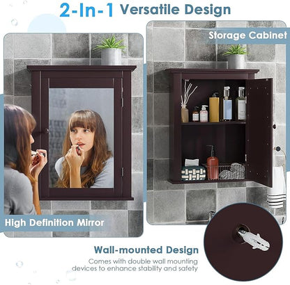 Safeplus Brown Medicine Cabinet with Mirror, Wall Mounted Adjustable Storage for Bathroom, Living Room, Bedroom, Entryway and Kitchen