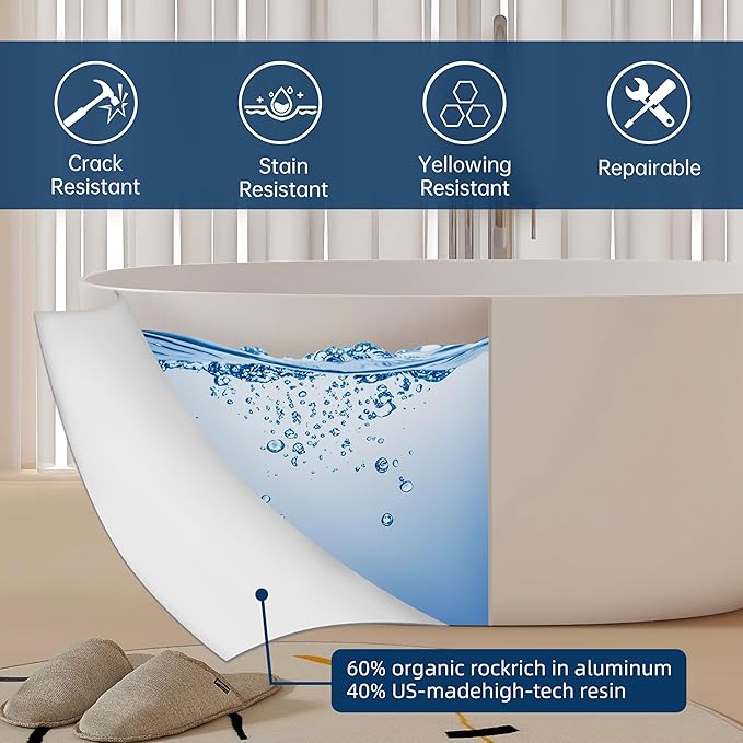 59'' Stone Resin Freestanding Bathtub, Bathroom Solid Surface Tub Bathtubs soaker Tubs Oval Shaped Matte Luxury Modern Soaking Tub with Overflow and Pop-up Drain - White