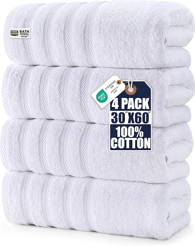 Utopia Towels 4 Pack Premium Extra Large Bath Towels Set, (30 x 60 Inches) 100% Ring Spun Cotton 500GSM, Lightweight and Highly Absorbent Quick Drying Towels, Perfect for Daily Use (White)