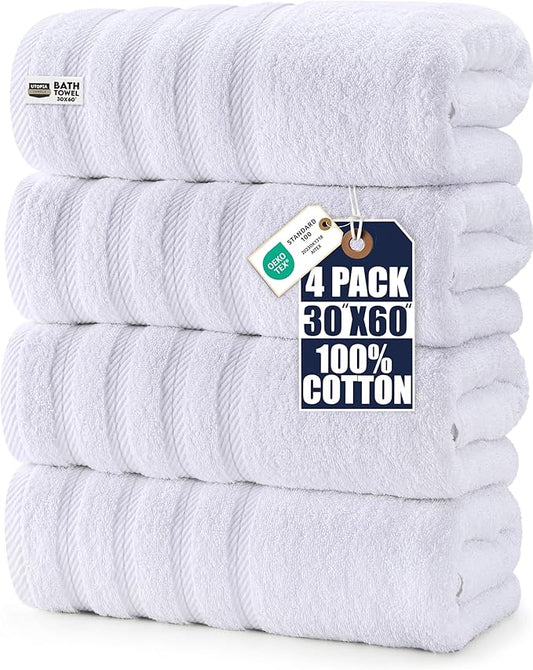 Utopia Towels 4 Pack Premium Extra Large Bath Towels Set, (30 x 60 Inches) 100% Ring Spun Cotton 500GSM, Lightweight and Highly Absorbent Quick Drying Towels, Perfect for Daily Use (White)
