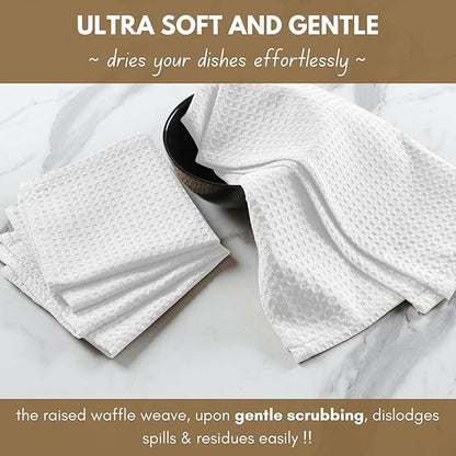 Native Fab Cotton Kitchen Towel with Hanging Loop 16x26 inches, 6-Pack, Waffle Weave Kitchen Towels for Cleaning Drying, Washcloths Soft & Absorbent Cloth Rags, Bar Towel, Dish Cloth, White