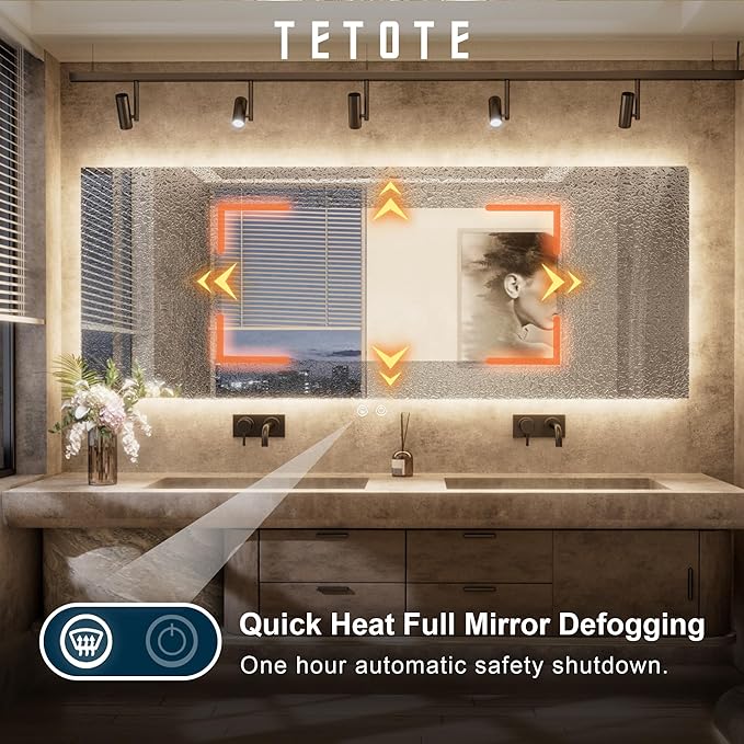 TETOTE 48 x 36 Inch LED Backlit Bathroom Mirror with Lights, 3Color White/Warm/Natural, Anti-Fog Lighted Mirror,Dimmable,Vanity Mirror,Wall Mounted