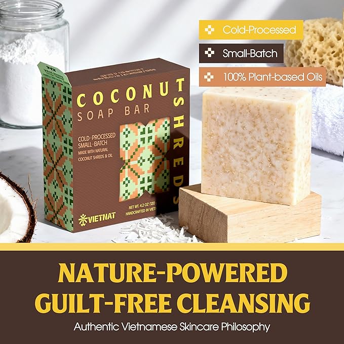 Coconut Shreds Soap Bar (Pack of 3) – 2-in-1 Cleansing & Exfoliating, Cold Process Handmade Bar with Real Coconut, Nourishing Body Soap, Made in Vietnam